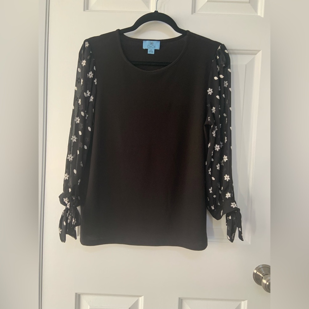 CeCe Black Blouse with White Floral Sleeves